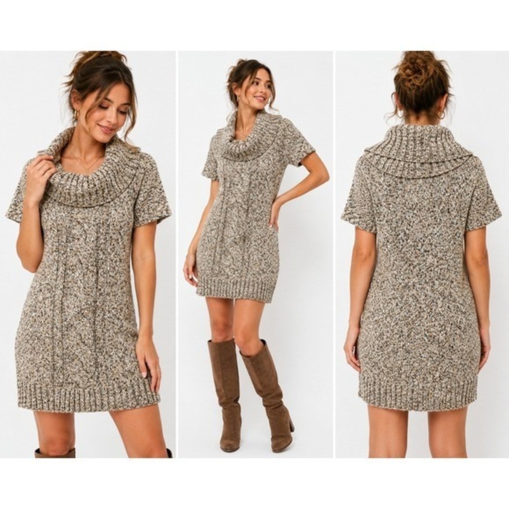 INC Sweater Dress Cowl Neck Cable Knit Marled Brown XL Boho Casual Winter Preppy